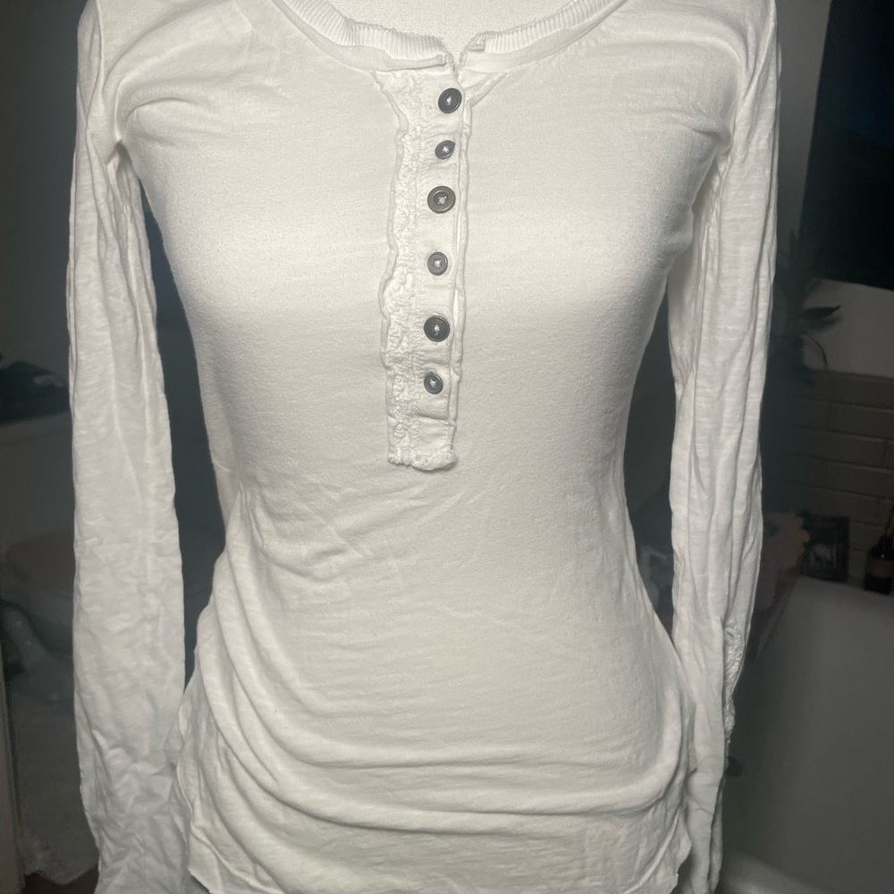 Women's White Long Sleeve Henley Top